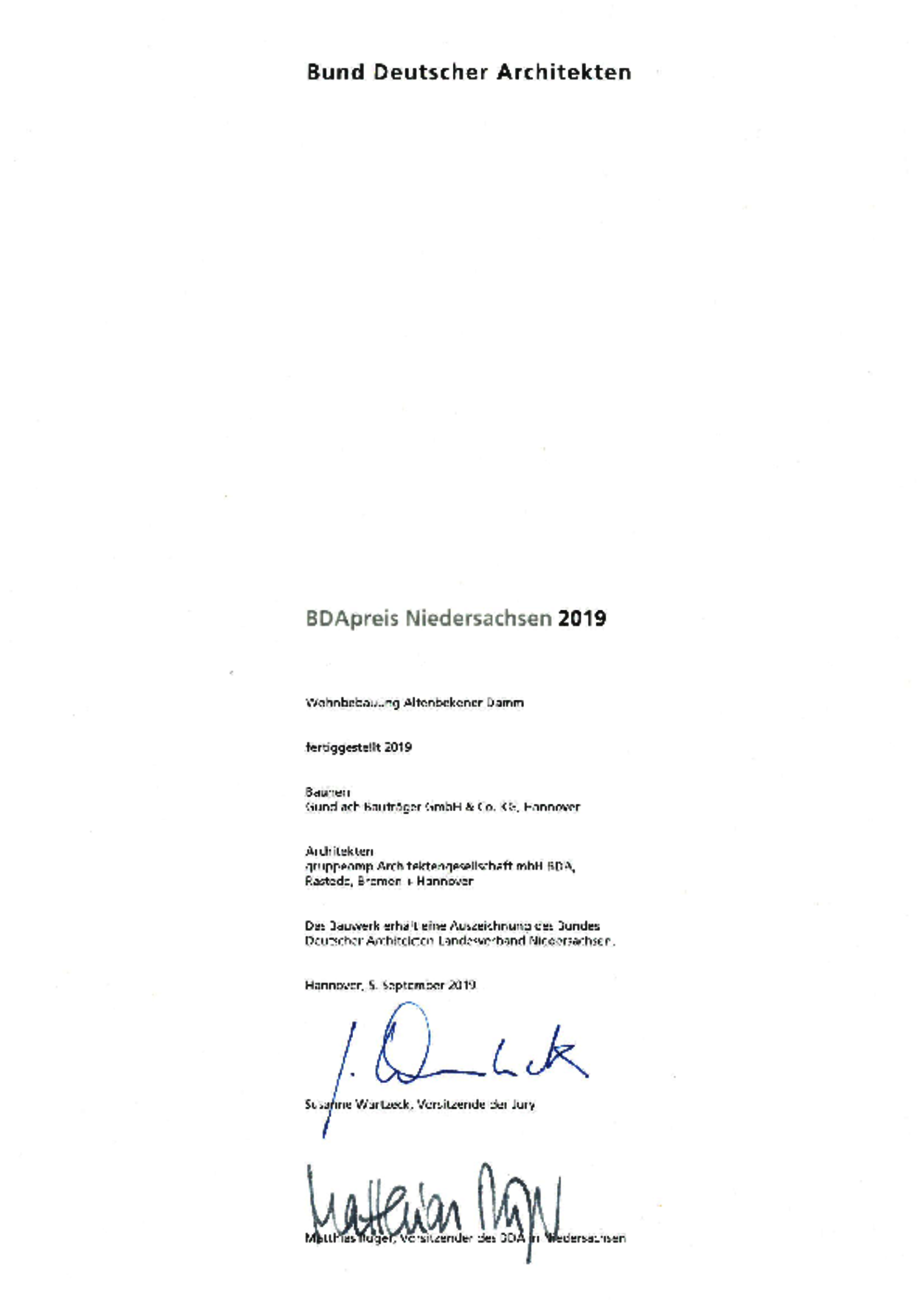  Auszeichnung des BDA für das Gundlach Wohnprojekt am Altenbekener Damm