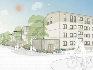 Visualisierung: Bauprojekt Seelhorst, blauer Himmel, Aufstockung der Wohnfläche, Klimaneutrales Wohngebiet 