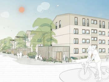 Visualisierung: Bauprojekt Seelhorst, blauer Himmel, Aufstockung der Wohnfläche, Klimaneutrales Wohngebiet 