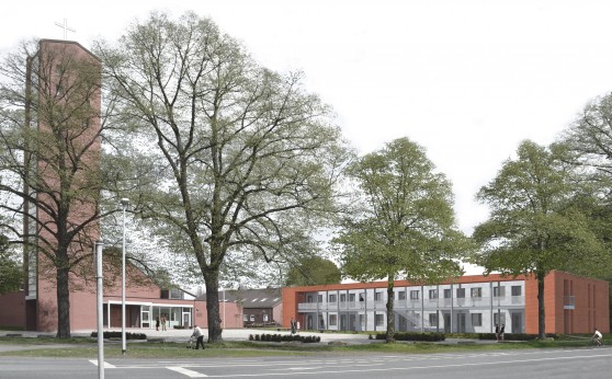 In direkter Nachbarschaft zur Matthiaskirche entstehen achtzehn sozial geförderte Kleinwohnungen zur Miete.